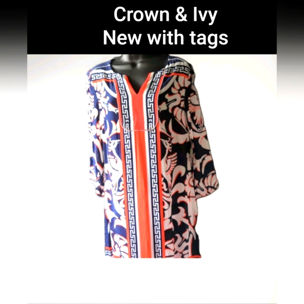 NWT Crown & Ivy Dress Size 4 3/4 Length Sleeve V Neck Midi Sheath Rayon $89.